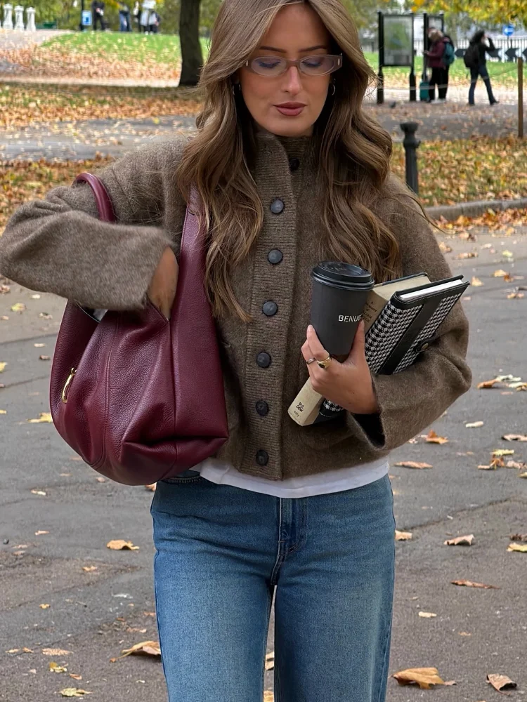 

Women's Retro Stand Up Collar Large Button Sweater Big Pocket Long Sleeved Warm Knitted Top Female New Commuter Casual Clothes