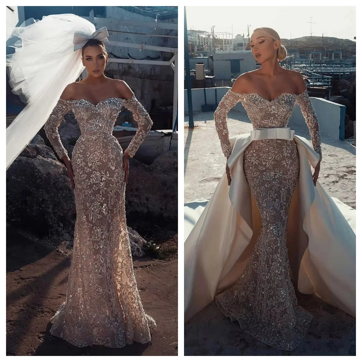 New Arrive Wedding Dresses Mermaid Sequins Full Sleeves Off Shoulder Detachable Train Appliques Customized Vestidos De Novias