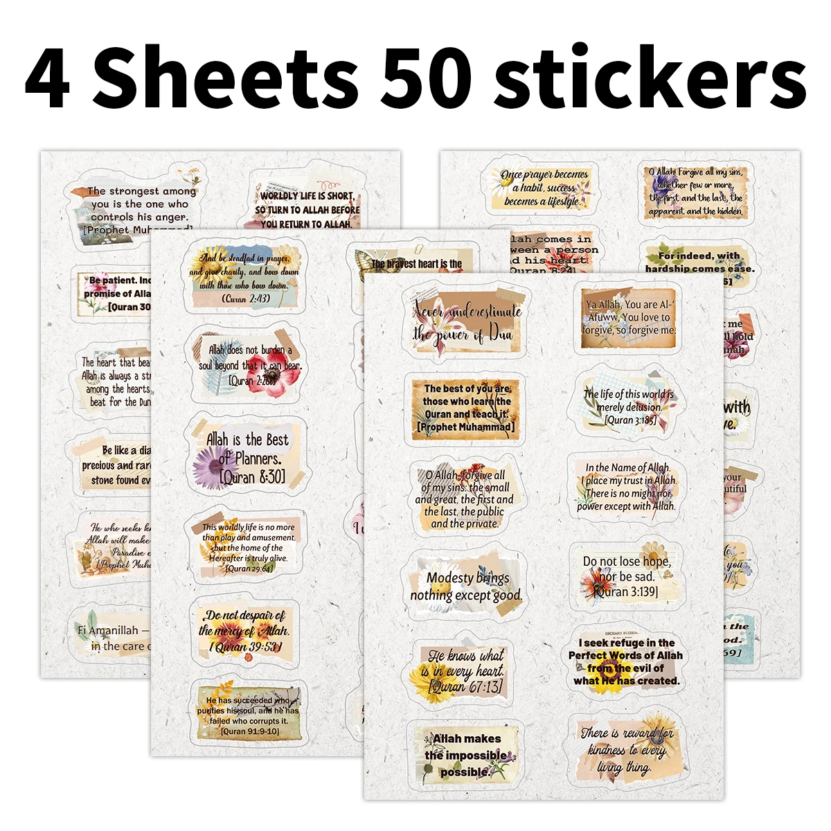 4sheets-50pcs Islamic Quranic Verses Inspirational Quotes Stickers For Quran Journaling,Scrapbooking,Ramadan Decor,Muslim Gifts