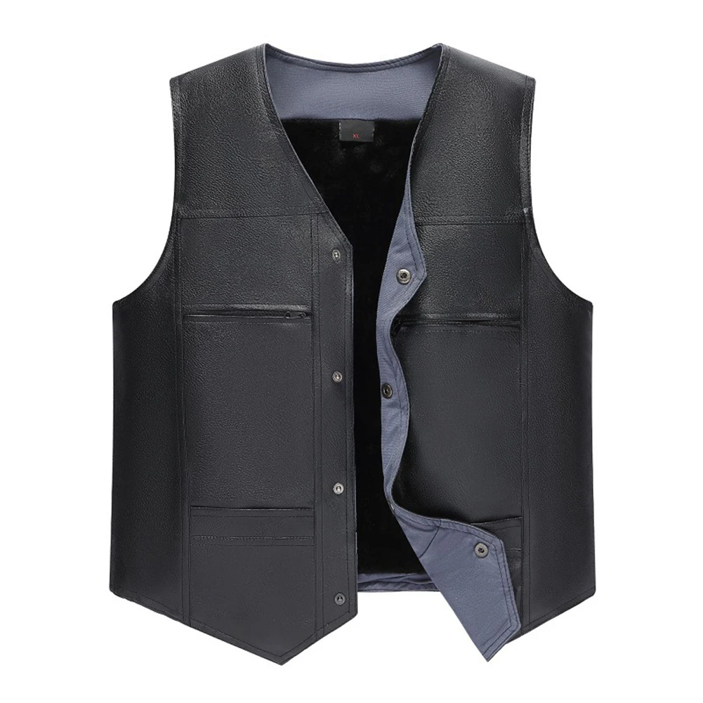 Men\\\'s V Neck Imitation Leather Vest with Lightweight Yet Warm Fleece Interior Sleeveless Waistcoat for Flexible Daily Use