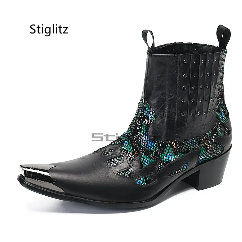 Patchwork Totem Genuine Leather Men's Boots High Heels Metal Pointed Toe Shoes Rivet Slip On Ankle Boots Business Party Shoes