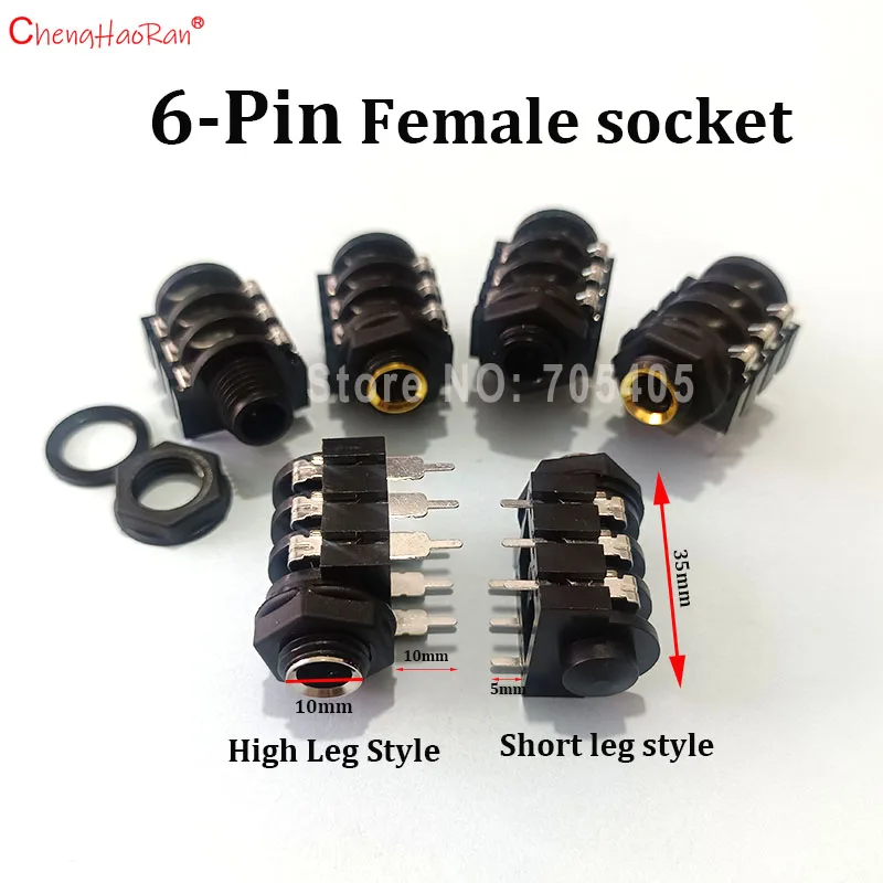 ChengHaoRan 1/2/5/10PCS 6Pin 6.35mm Stereo Mother Base Dual Channel Microphone Audio Direct Socket Long And Short Soldering