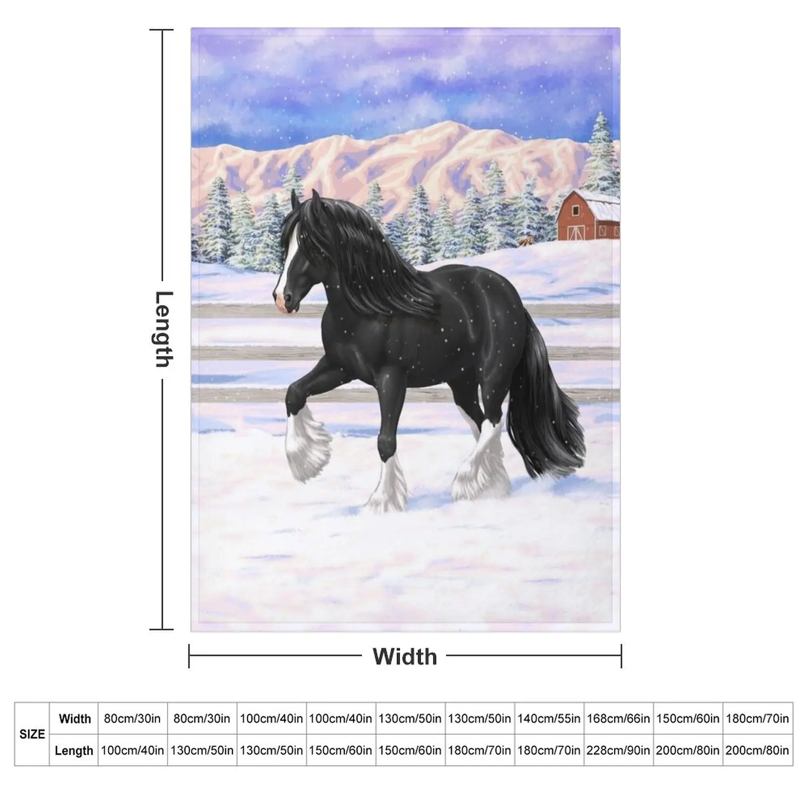 Black & White Gypsy Vanner Draft Horse In Snow Throw Blanket couch cozy soft plush fuzzy picnic outdoor blanket