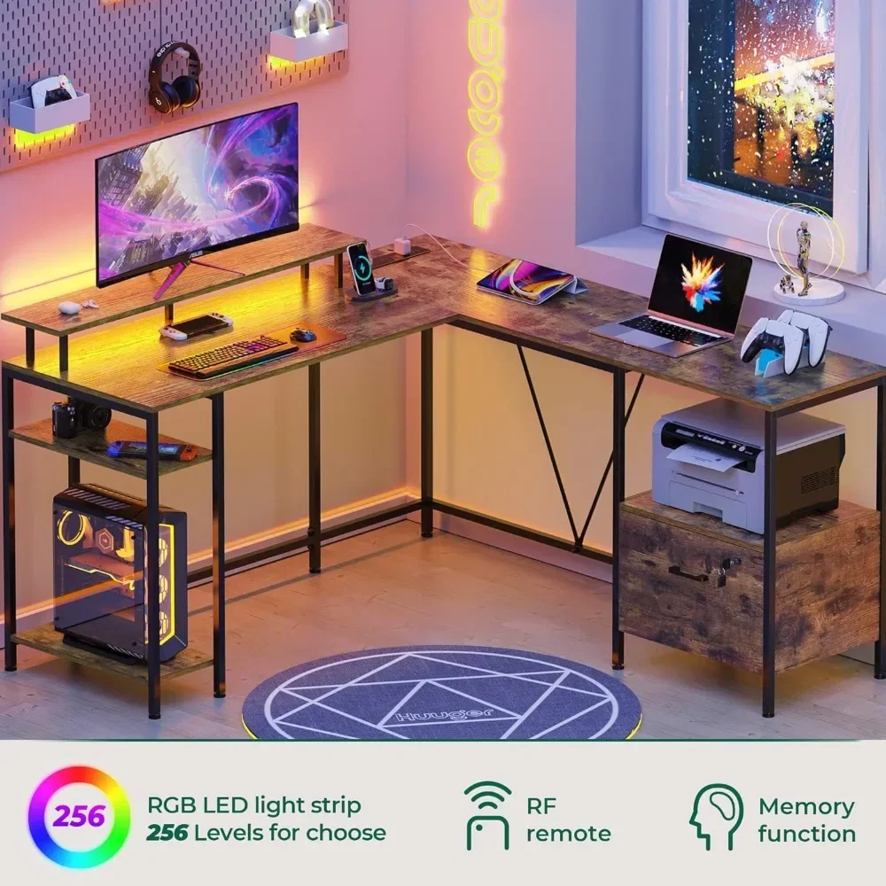Reversible Computer Desk With File Cabinet & Storage Shelves L Shaped Computer Desk With Power Outlets & LED Lights Freight Free