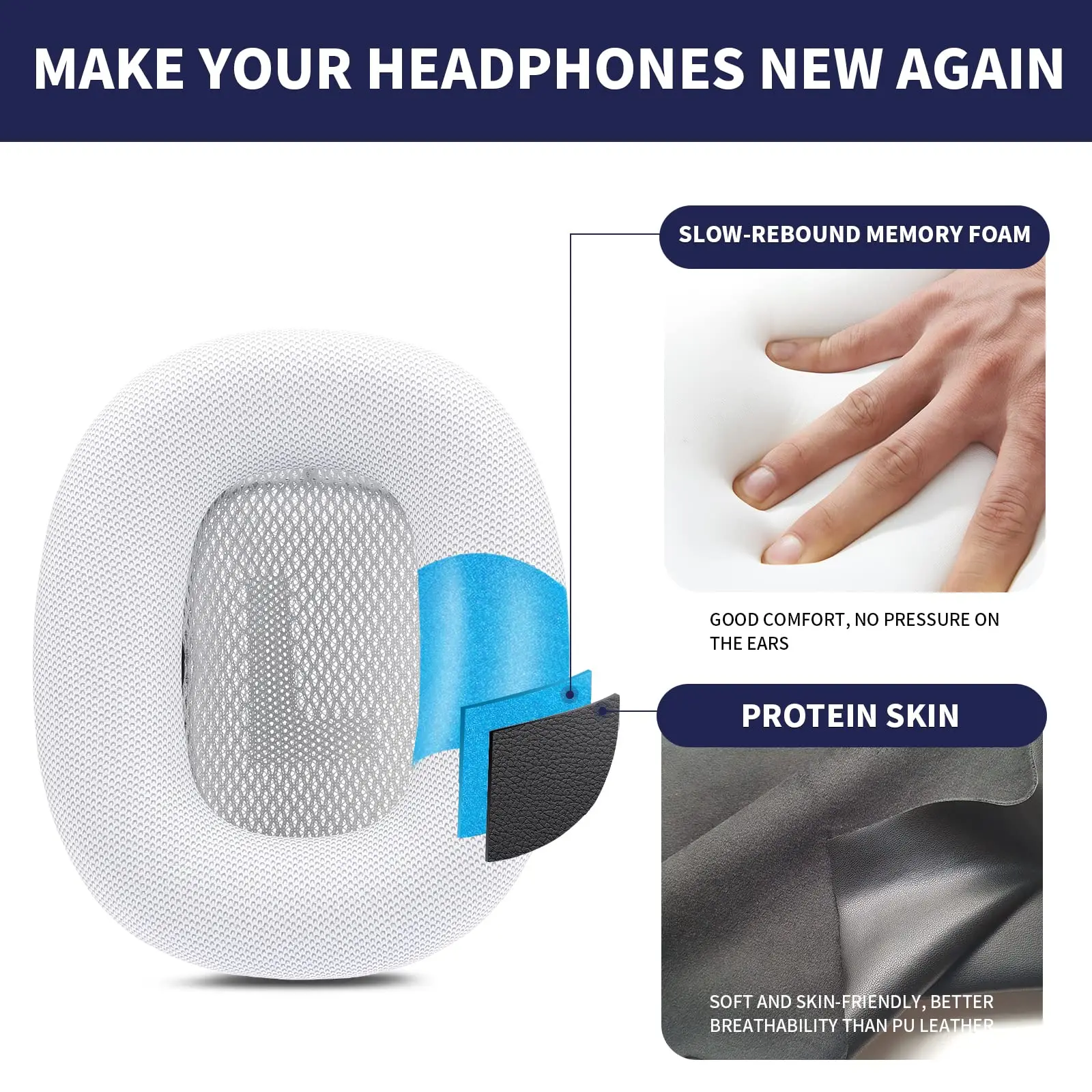 Replacement earpads for Apple airpods max Headphone, Protein Leather Ear Cushion (silver white)