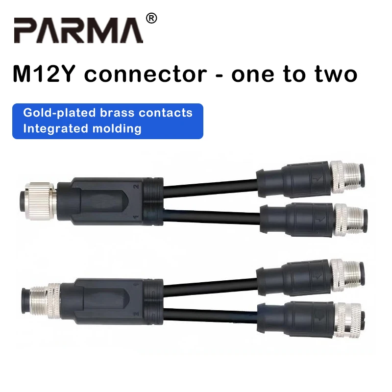 M12 to M12 aviation connector with wire split to two parts, 4-core, 5-hole, 8-pin, three-way, waterproof (IP67)