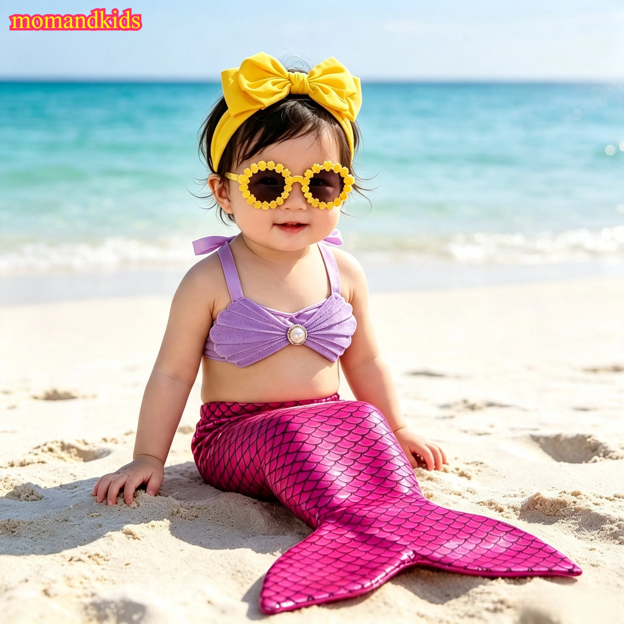 Mermaid Costume Accessory Set Magenta Scale Tail Shell Bow Pearl Headband Flower Sunglasses Purple Bow Headwrap Party Photo Prop