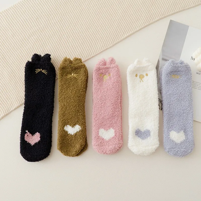 1/5 Paar lustige Tier-Fuzzy-Damensocken, beste Bulk-Bett-Slouch-Socken, Baumwollhandtuchsocken, Mädchen, warme, thermische, flauschige Heim-Bodensocken