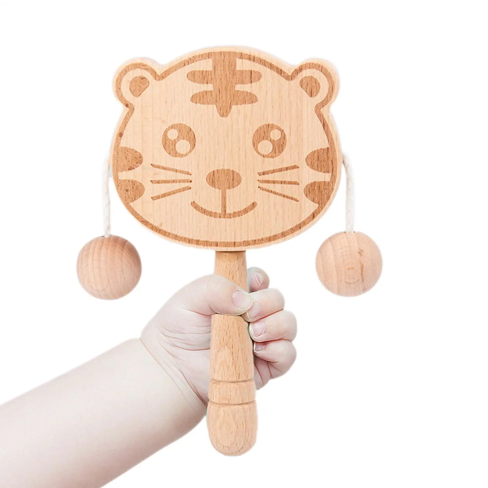 Hochet en bois en forme de tigre pour bébé, tambour à secousses Double face interactif, facile à saisir, pour le suivi visuel des compétences motrices
