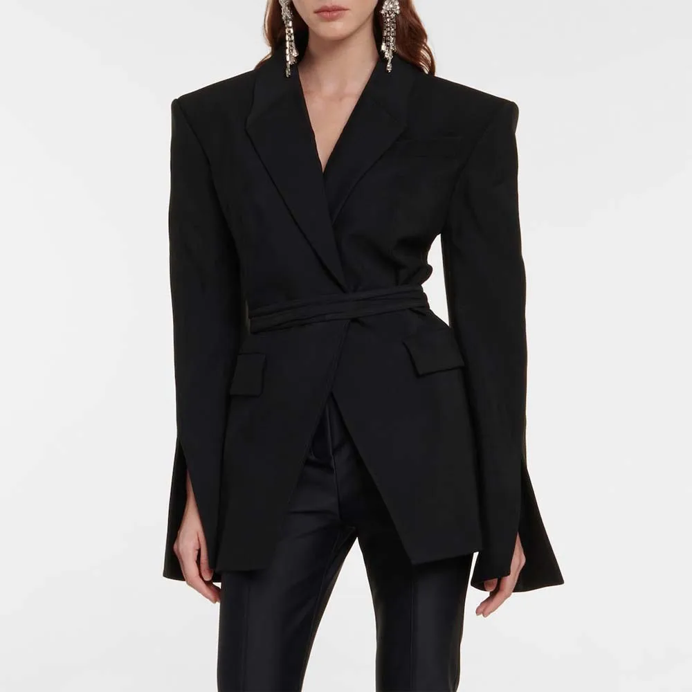 

Luxury Black Blazer Jackets for Woman High Quality Notched Collar Full Sleeve Belt Closure Backless Elegant Asymmetric Outwears