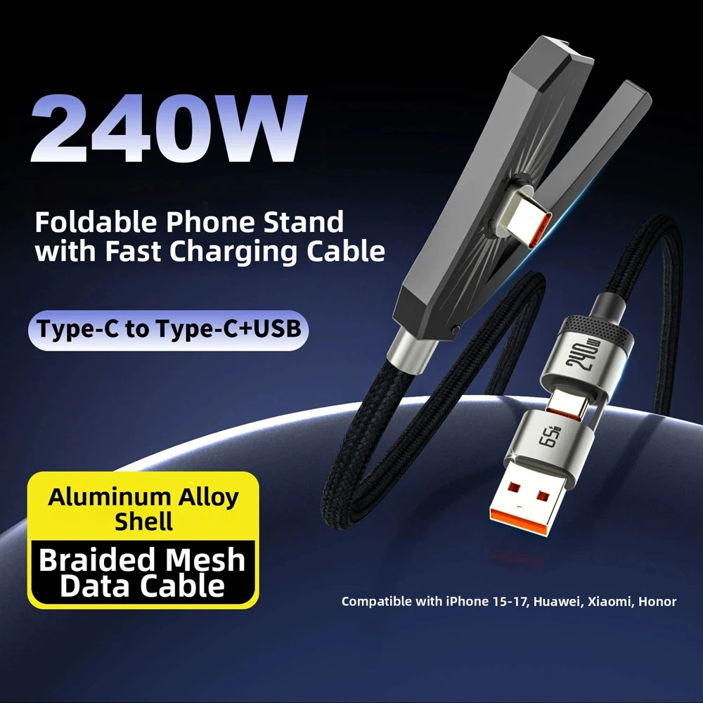 

240W Foldable Phone Stand 2 in 1 USB Type C To Type C Fast Charging Cable For iPhone 15 16 17 Pro Max Samsung S26 S25