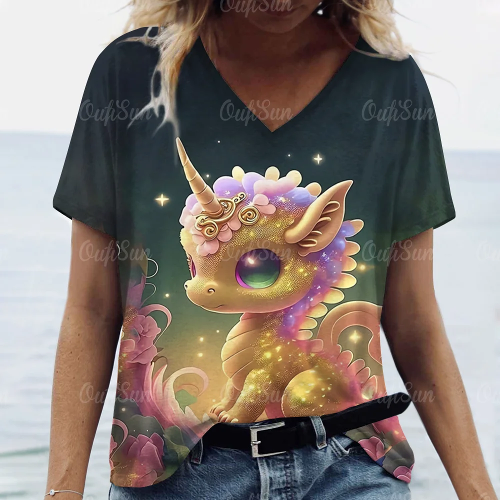 Cartoon Dragon T-Shirt For Women 2024 New Year Clothing V-Neck Casual Short-Sleeved Female Oversized Pullover Fashion Streetwear