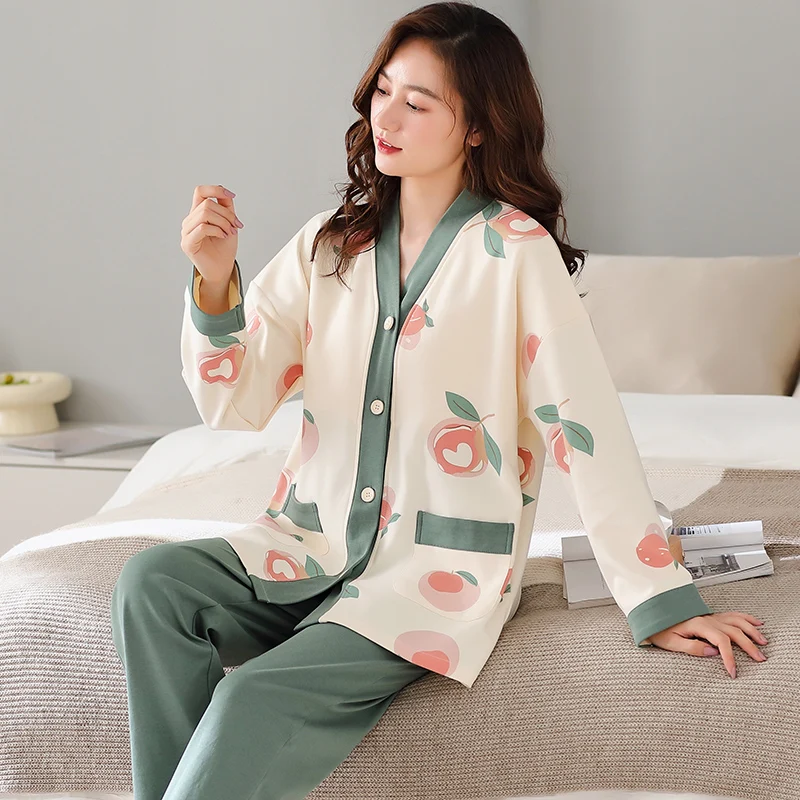 Peach Green Pajamas Sets Women Long Sleeves Long Pants Autumn Winter Cute Sleepwear Kawaii Pijamas Cozy Pyjamas Soft Nightshirts