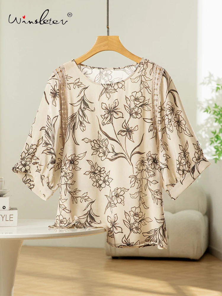

Winsleter- Women 100%Real Silk Elegant Shirt, 3/4 Sleeve O Neck Print Lace, French Retro Chic Loose Blouse, 2025 Summer T56002CC