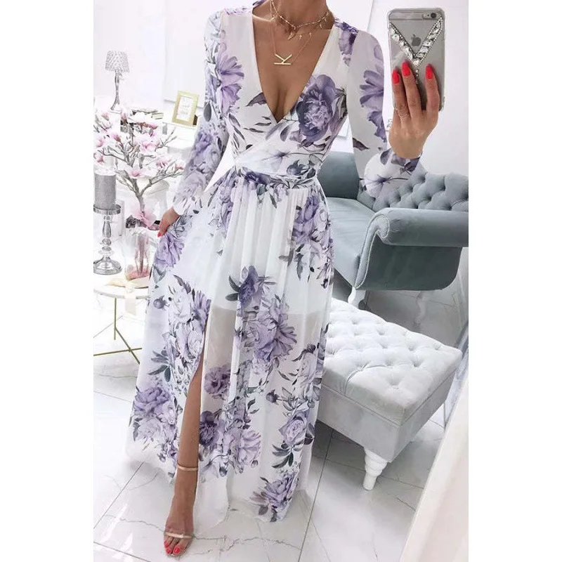 New Summer Long Dress Printed V-neck Chiffon Long-sleeved Dress Bohemian Style Full Skirt Dress