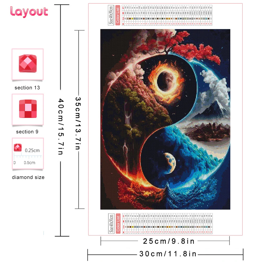 Huacan Full Diamond Mosaic Landscape Moon Sun Diy Diamond Painting Tai Chi Complete Kit Home Decoration Rhinestone Pictures
