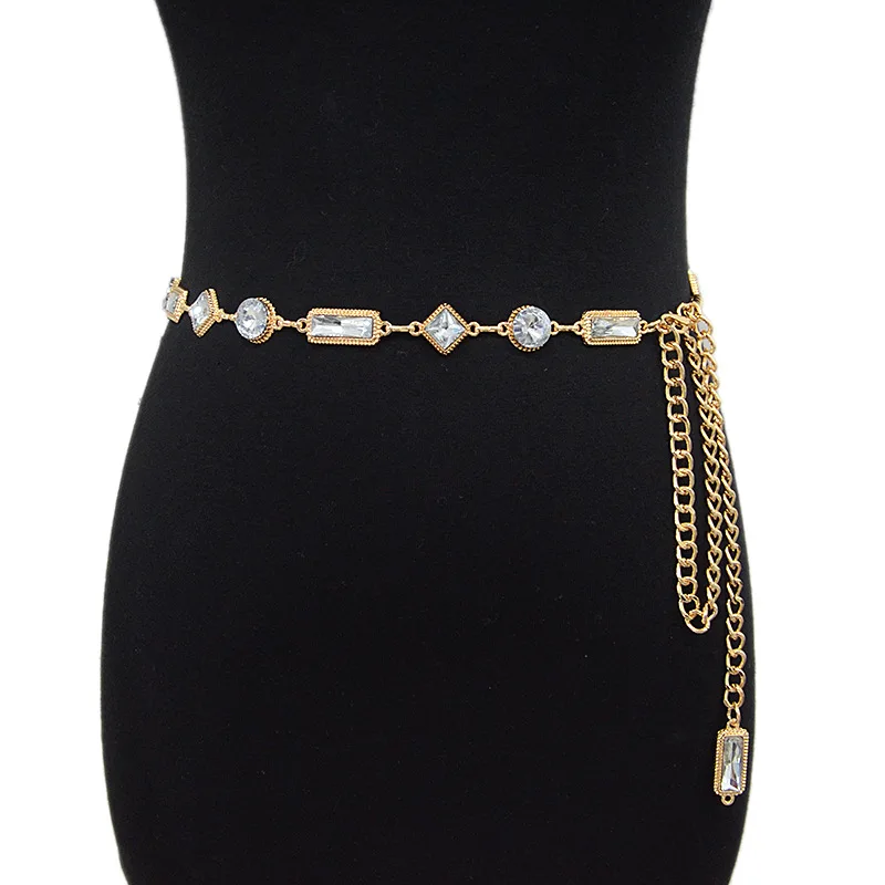 

2026 Fashion Lady Acrylic Crystal Metal Waist Chain Dress Coat Sweater Suit Decoration Belts for Women Luxury Designer Brand