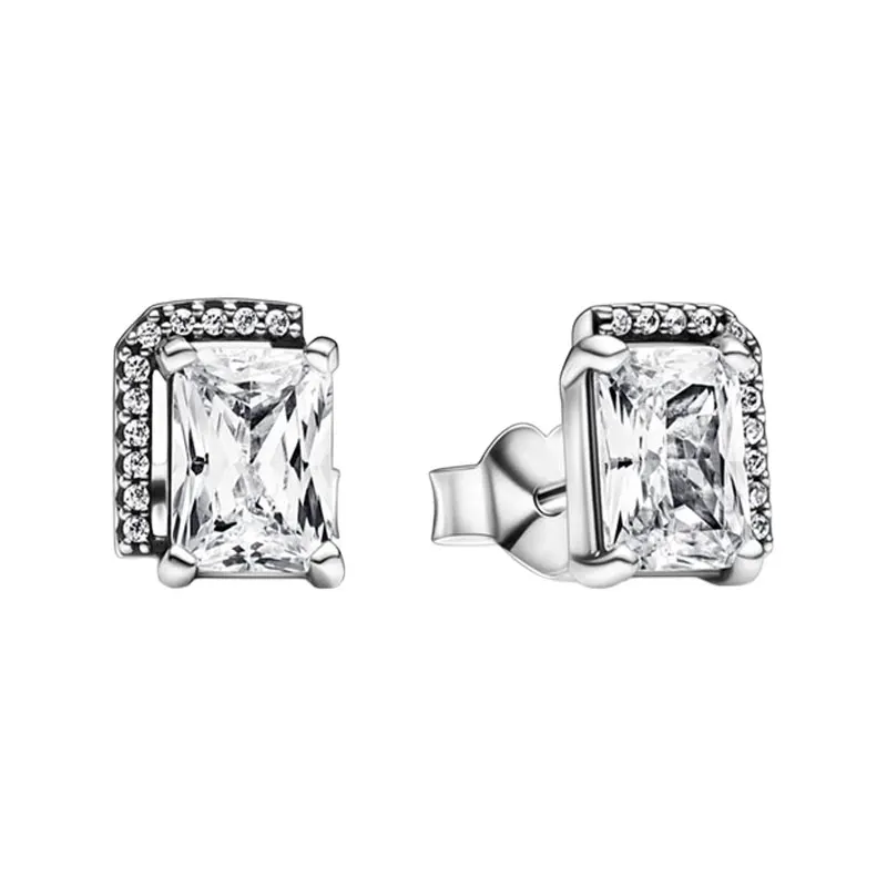 

Prong Setting Rectangular Halo Ear Piercing Stud Earrings For Women Original 925 Sterling Silver Fine Jewelry Pave Clear Zircons