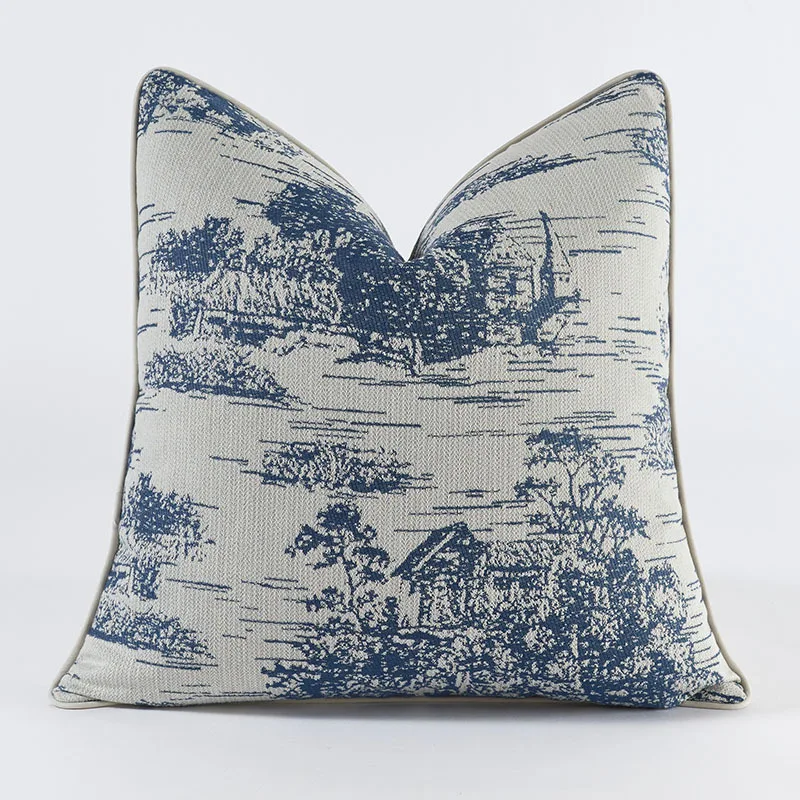 American Blue Countryside Jacquard Cushion Cover Premium Luxurious Retro Pillow Cover High End Pillowcase for Living Room Sofa