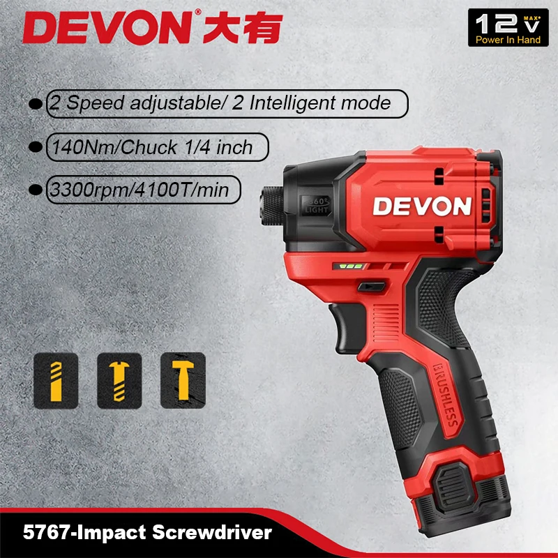 

Devon 12v Cordless Impact Screwdriver Brushless 5767 140Nm 3300rpm 4100ipm 2 Intelligent Function Gear Share Battery Platform