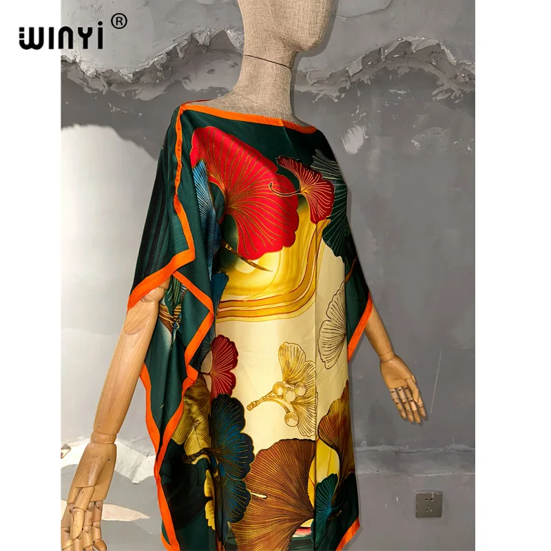 WINYI Boho fashion Print Women Beach Dress Bathing Suit Cover Up Summer For Woman Beachwear Robe de plage silk feeling Kaftan