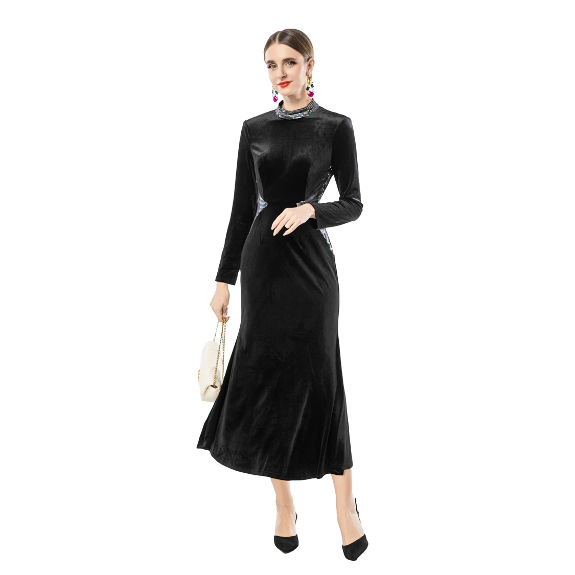 Zwart fluwelen maxi-jurk met lange mouwen voor dames, jurk met hoge hals, rand met kristallen kralen en uitsnijdingen aan de zijkant, elegante avondjurk