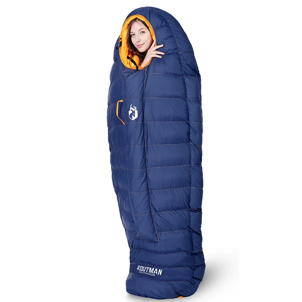 

Routman Camping Thermal Mummy Shape Goose Down 1.87KG Sleeping Bag Limit Temp -43 Degree with Compression Sack