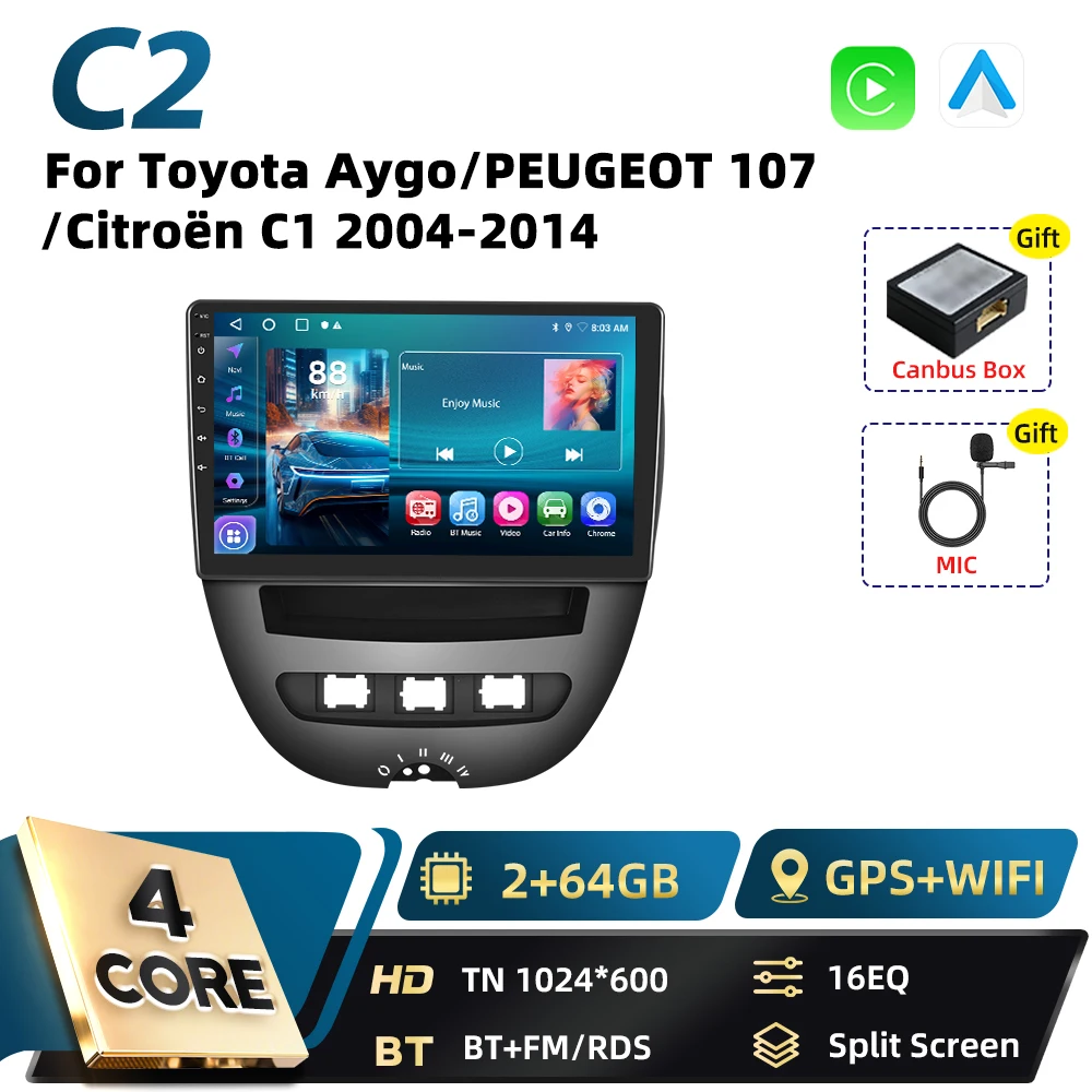 Podofo 8-Core Carplay 2DIN Android autoradio voor Toyota Aygo 2004-2014, Peugeot 107, Citroën C1, Snapdragon GPS FM RDS