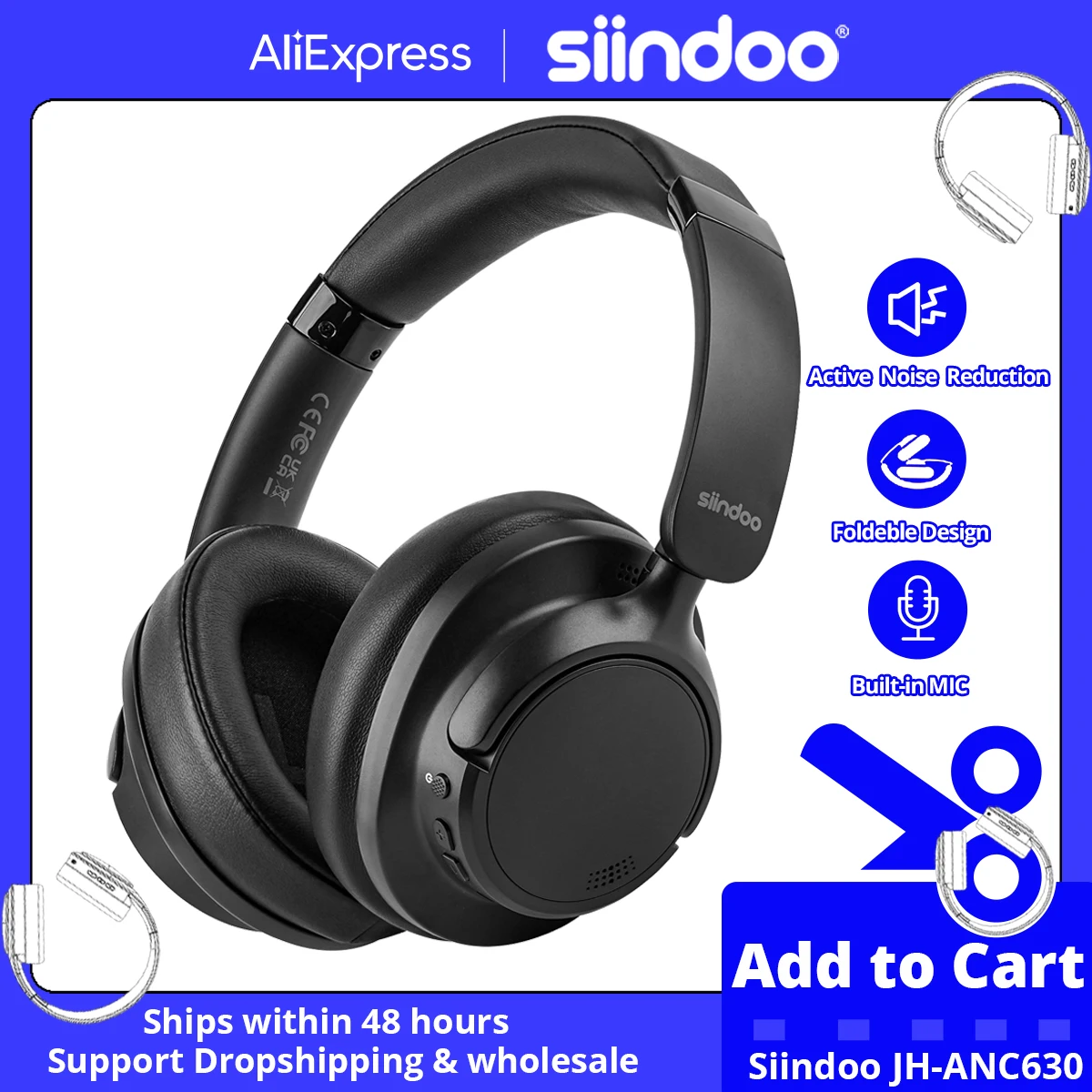 Siindoo Newest JH-ANC630 Active Noise Cancelling Wireless Headphones Over Ear Bluetooth earphones with Mic 70H Playtime Black