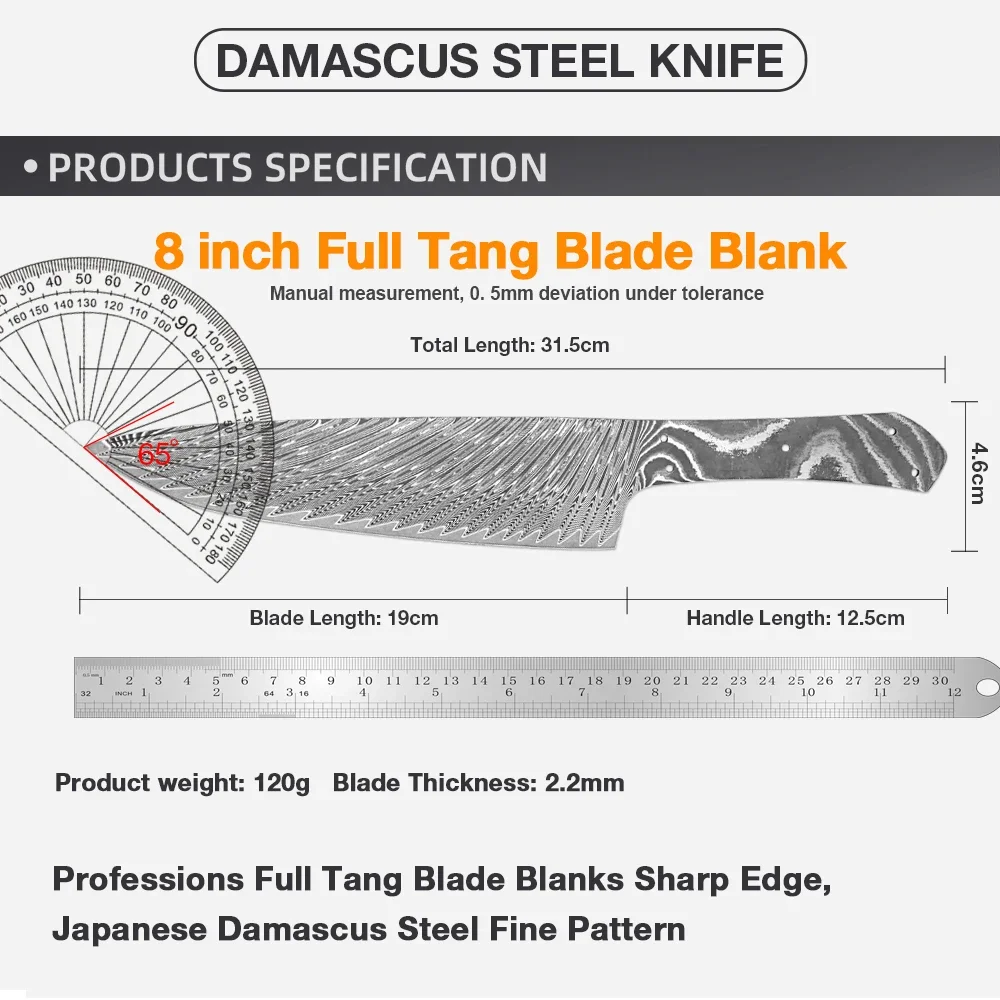 Damascus Steel 8 Inch Chef Knife Blade Blank DIY Making Material Full Tang Knife Blade Blank Heat-treated sharp edges Blank