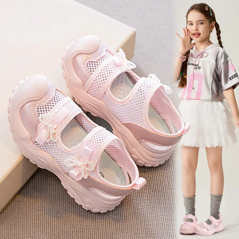 

Kids'Sandals Shoes Solid Color Sports Mesh Pearl Bow Summer Shoes For Girls Anti-slip Soft Bottom Pink Purple Shoes Size 26-36
