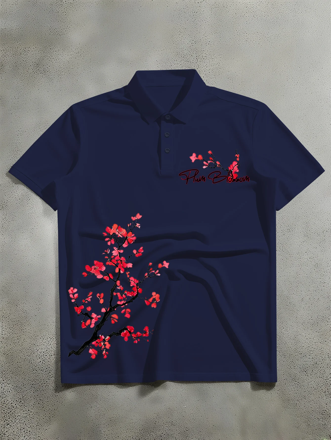 New men's short sleeved POLO, China-Chic style, ink red plum branch hand printed polo shirt