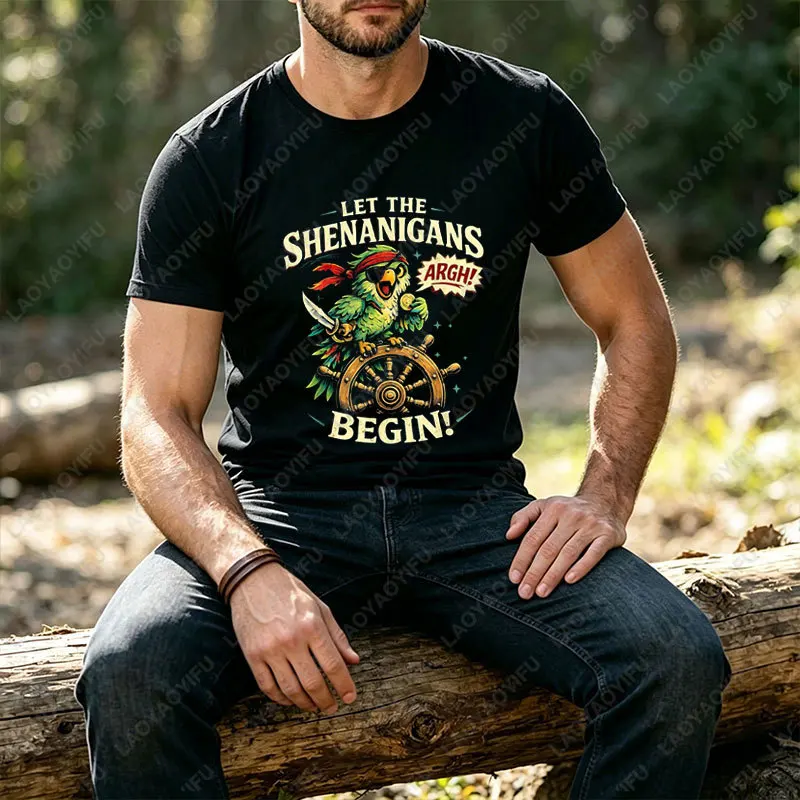 Men's Pirate Captain Graphic T-shirt with Red Bandana & Crossbones Design 100% Cotton Short Sleeve Streetwear Casual Tshirt