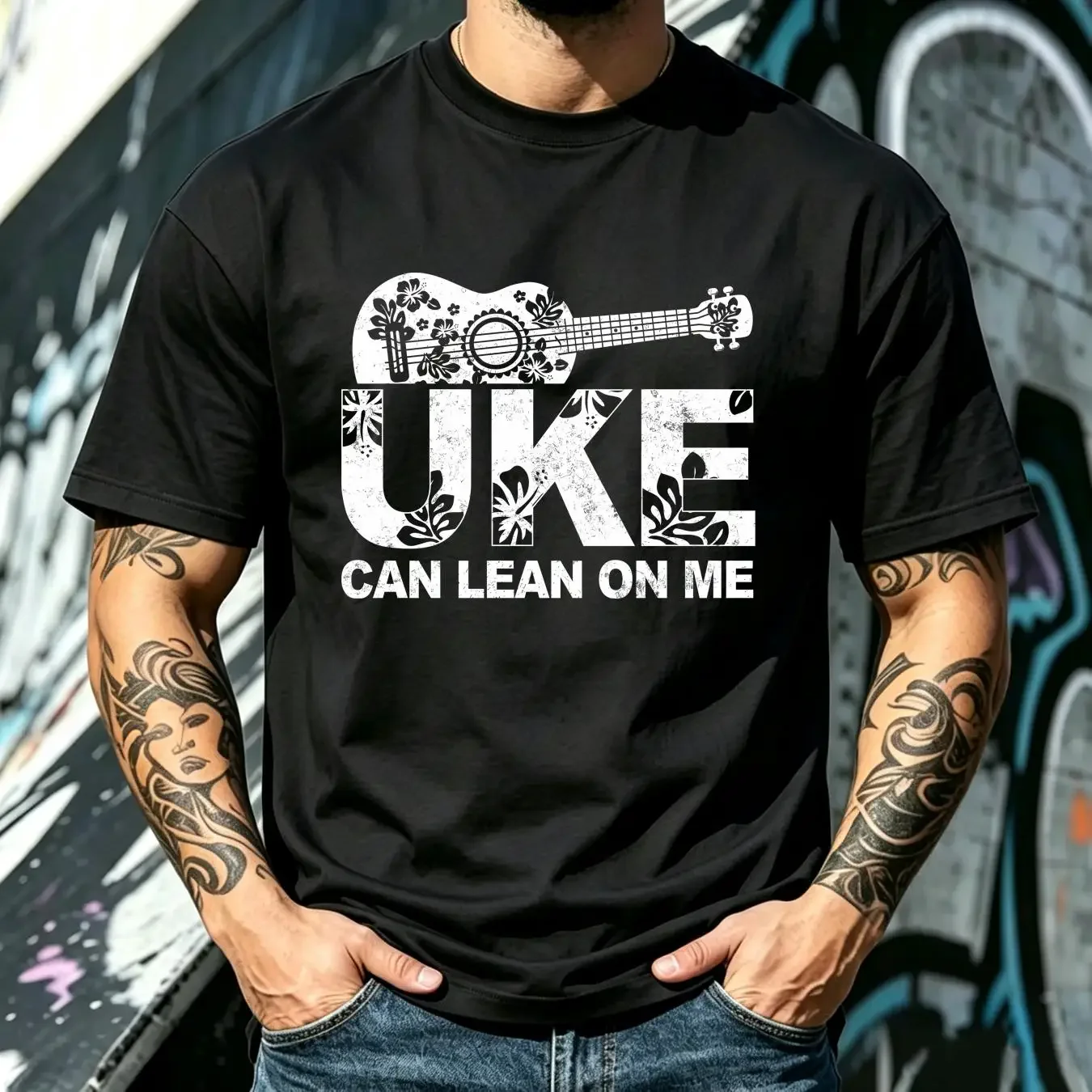 washed T Shirt Uke Can Lean On Me Ukulele Player Hawaiian Baseball cap Snapback Caps Knitted Hat vintage Washed graphic