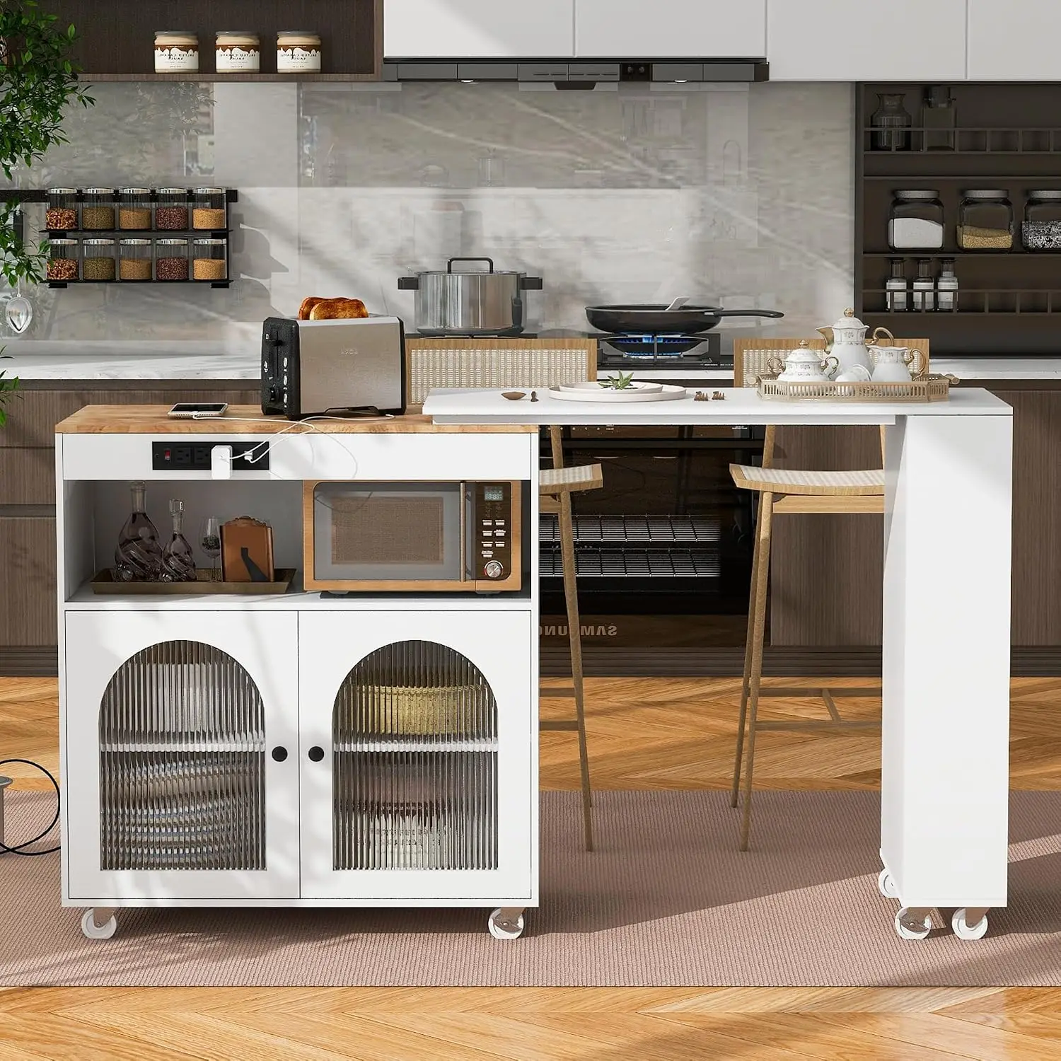 Rolling Kitchen Island Cart with Extended Table LED Lights Power Outlets Glass Door Storage Shelf White Customized image 2