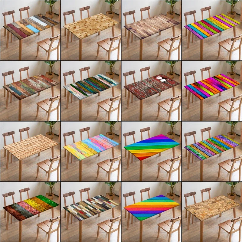 Rectangular Retro Rainbow Wooden Tablecloth with Elastic Band and Edge Closure Waterproof and Wear-resistant Table Cover
