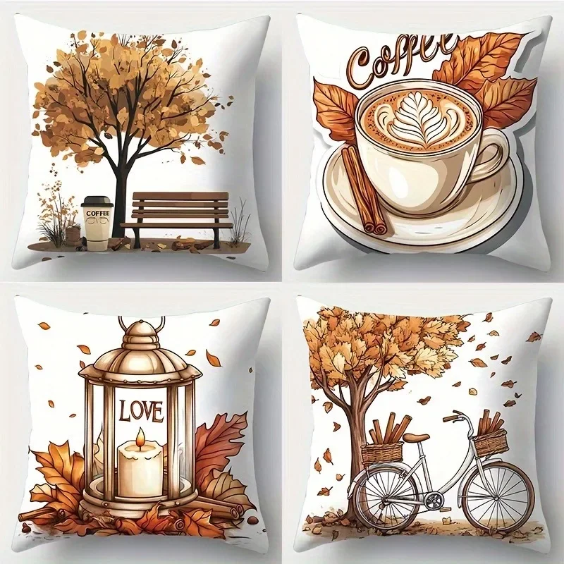 

Artistic Maple Bench Coffee Cup Candle Lantern Throw Pillow Cover Modern Art Cafe Scene Print Multipurpose Design Sofa Living