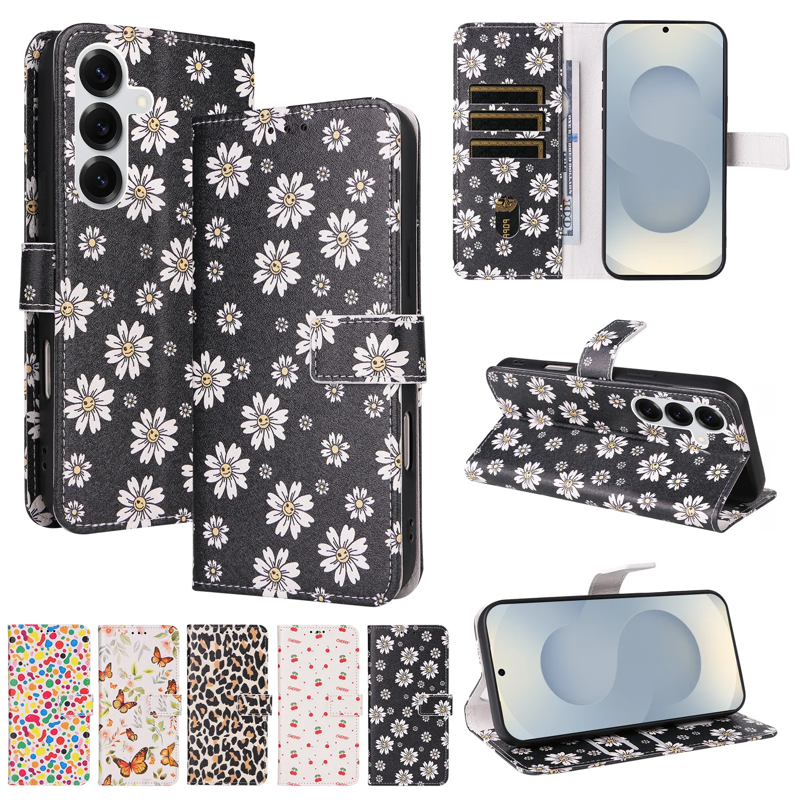 Printed Flip Phone Case for Samsung A57, A56, A55, A54, A17, A16, A15 Series, Wallet-Style Protective Case with Multiple Card Slots, Patterned Faux Leather Cover
