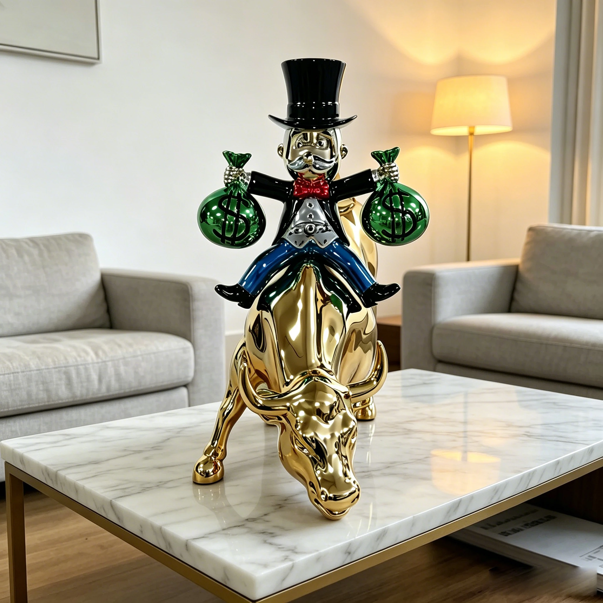 Gold Plated Resin Golden Bull & Money Bag Sculpture, Wealth & Prosperity Decor Art for Home Office