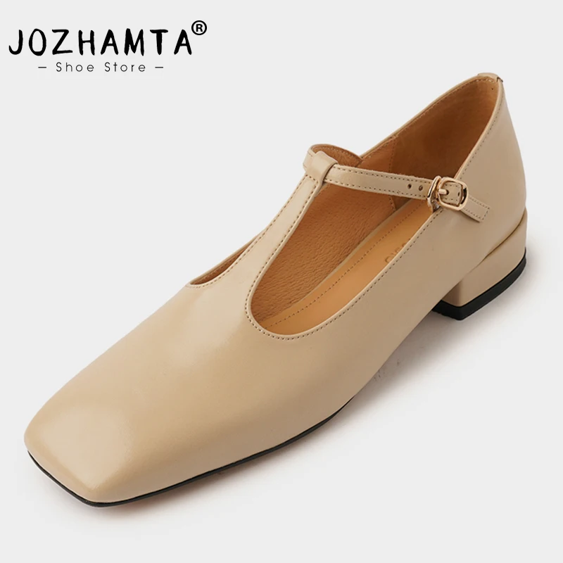 JOZHAMTA Size 34-40 Women Flats Shoes T-Strap Genuine Leather Low Heels Shoes For Women Spring Summer Pumps Chunky Heel Shoes