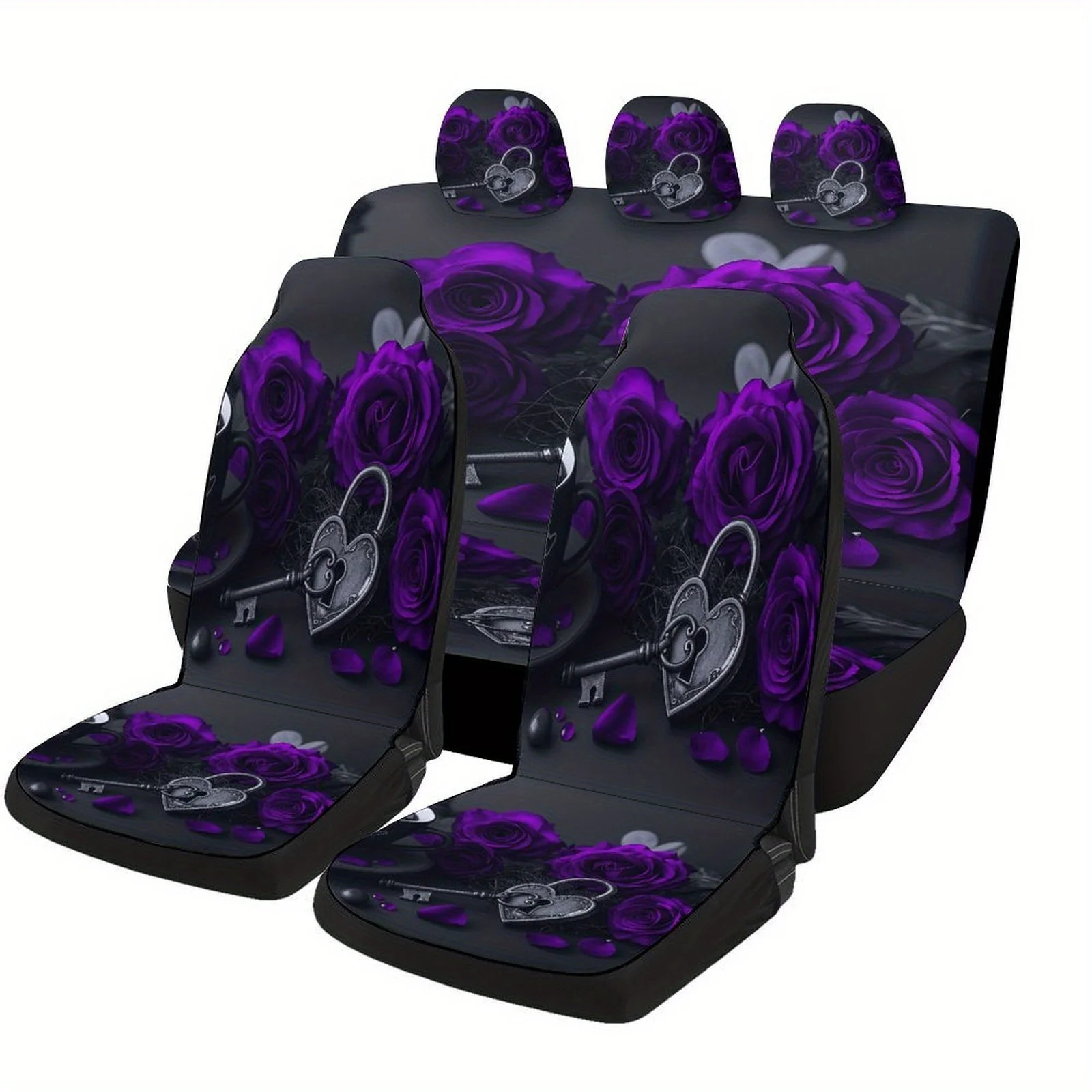 A Complete Set Of Car Seat Covers Featuring A Design Of Purple Roses And A Heart Lock, Suitable For Most Vehicles. These Stylish