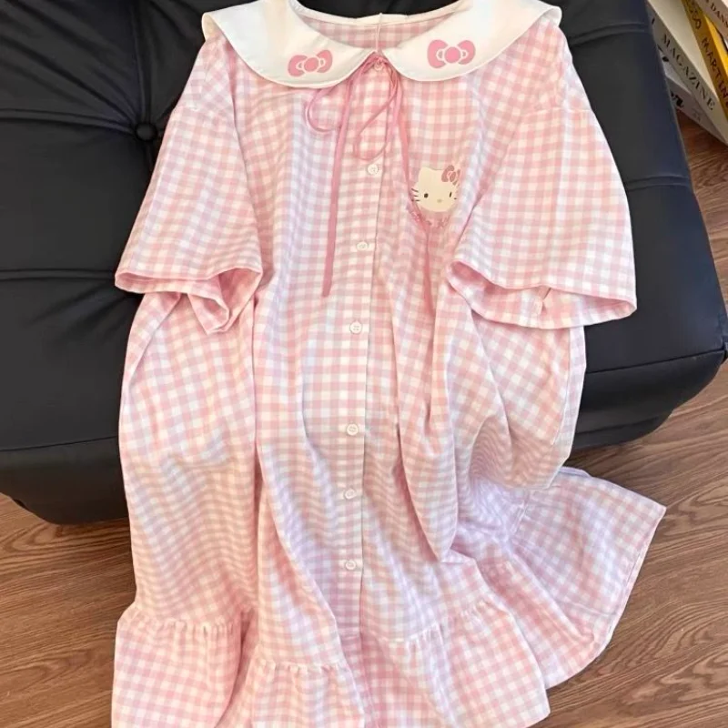 

Милое платье-пижама Sanrio Hello Kitty, летняя ночная юбка, одежда для сна с короткими рукавами, длинные платья, юбка для сна, домашняя одежда с героями мультфильмов