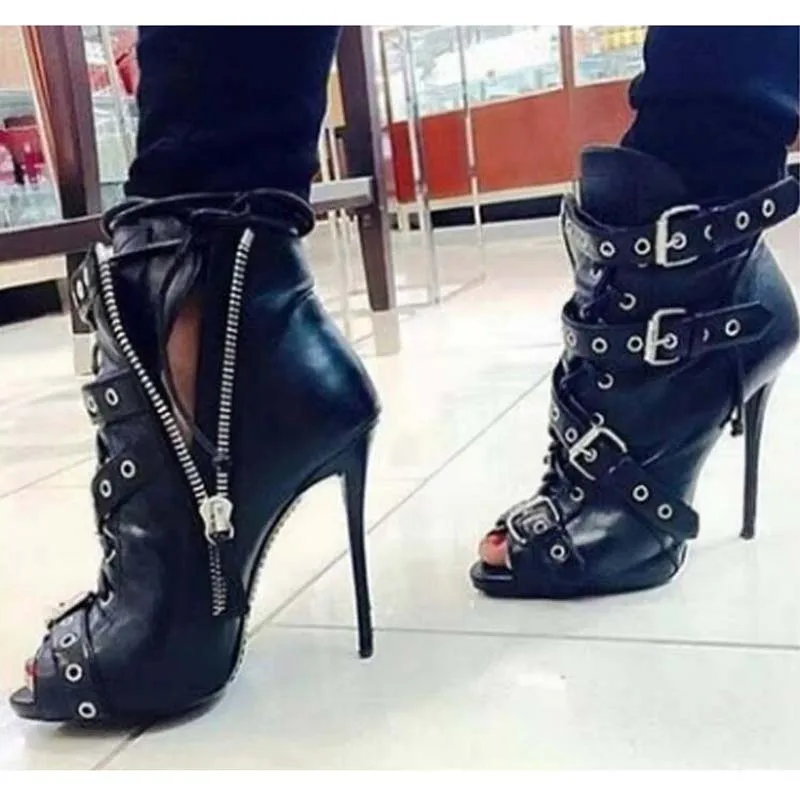 

Ladies eyelet Metal Buckle Zipper peep toe Motorcycle Boots Thin High heels Ankle Boots Women Sexy Black Leather Bottines Shoes