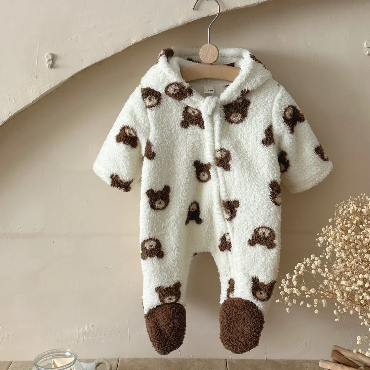 Newborn Baby Boys Girls Winter Climbing Clothes Long Sleeve Wrap Foot Bear Head Full Print Plush Hooded Zipper Fashion Jumpsuit