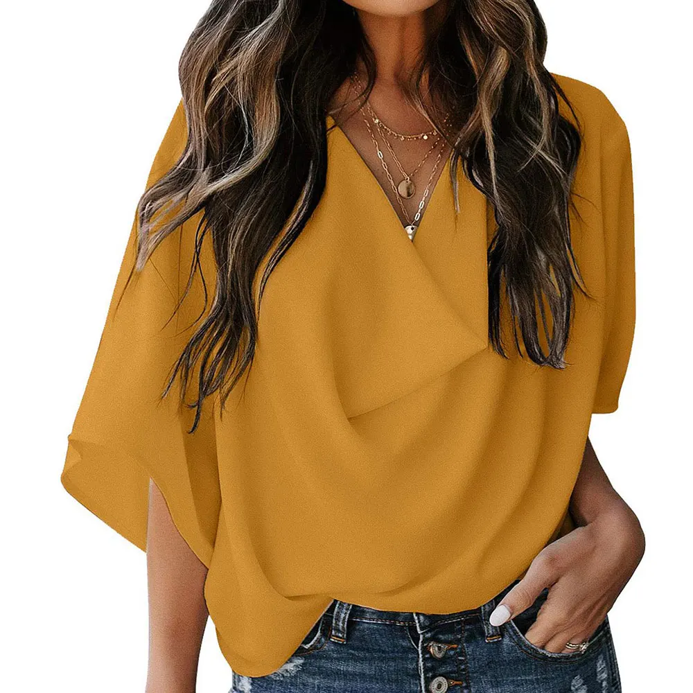 Jocoo Jolee Women Pullover Elegant Blouse Chiffon Flare Sleeve V-Neck Solid Pleated Loose Summer Office Lady Casual Basic Shirt