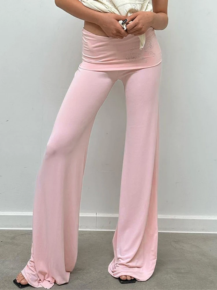 

Butterfly Drilling Flare Pants Streetwear Women Clothes High Waist Trousers Pink Pantalones De Mujer Wide Girdles Roupa Feminino