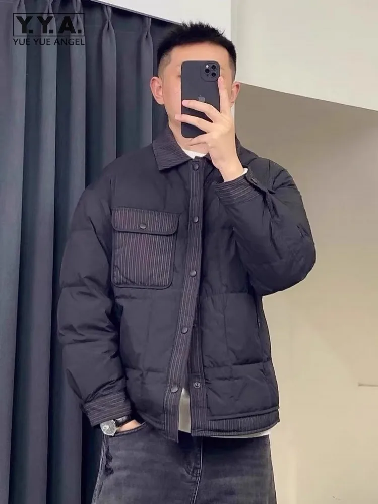 

Spliced Turndown Collar Winter Mens Down Coat Single Breasted High Street Outerwear Long Sleeve Loose Fit Warm Casual Jacket