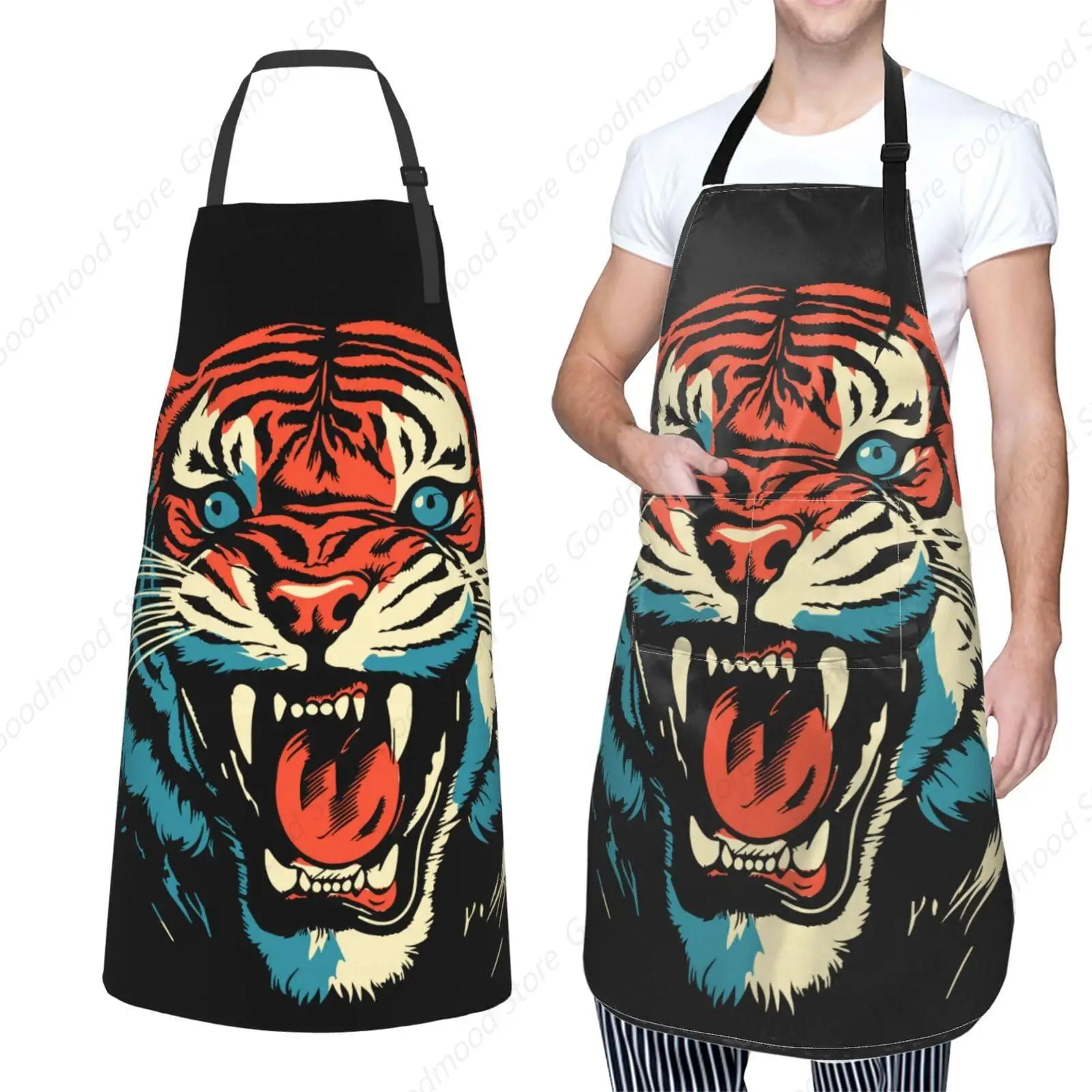 Kitchen Apron for Women with Pockets, Waterproof Forest Tigers Illustration Adjustable Men Aprons for Cooking Baking Painting