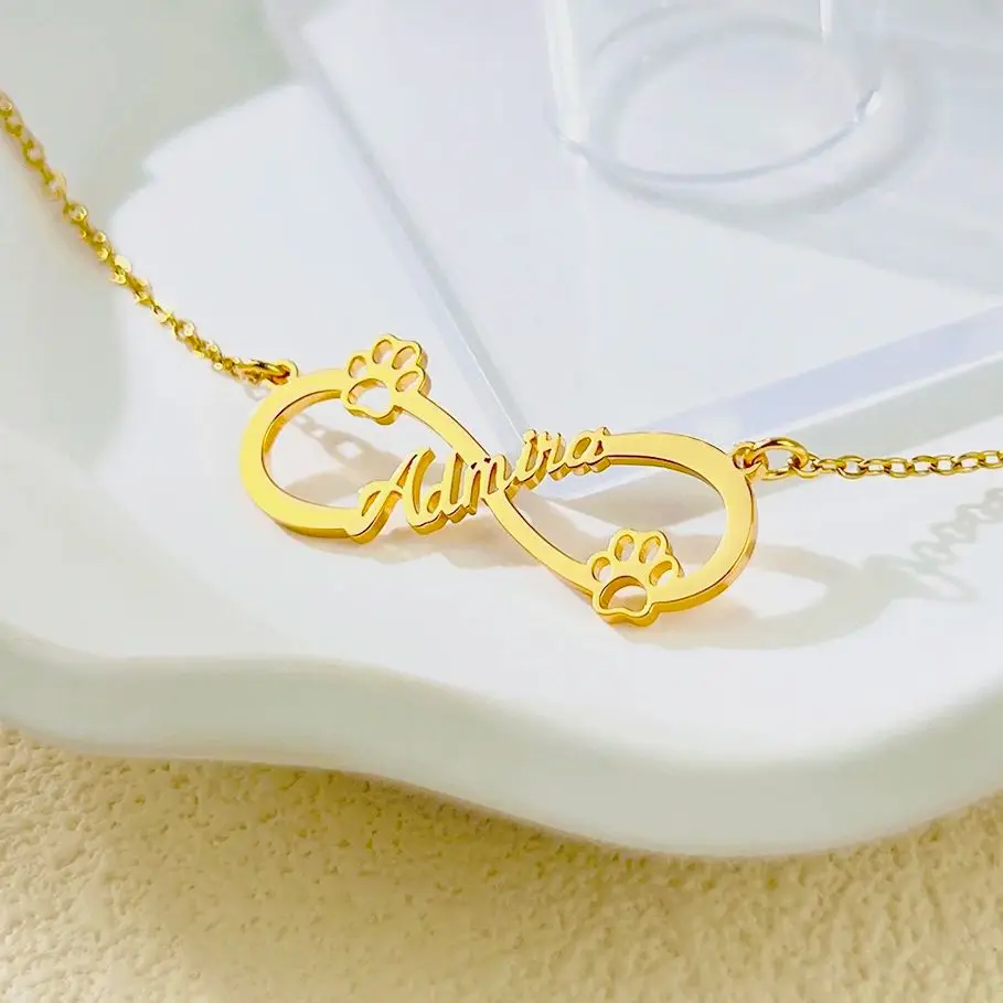 GUILING Cute Pet Dog Paw Infinity Pendant Necklace Customized Name Chain Necklace for Women Stainless Steel Personalized Jewelry