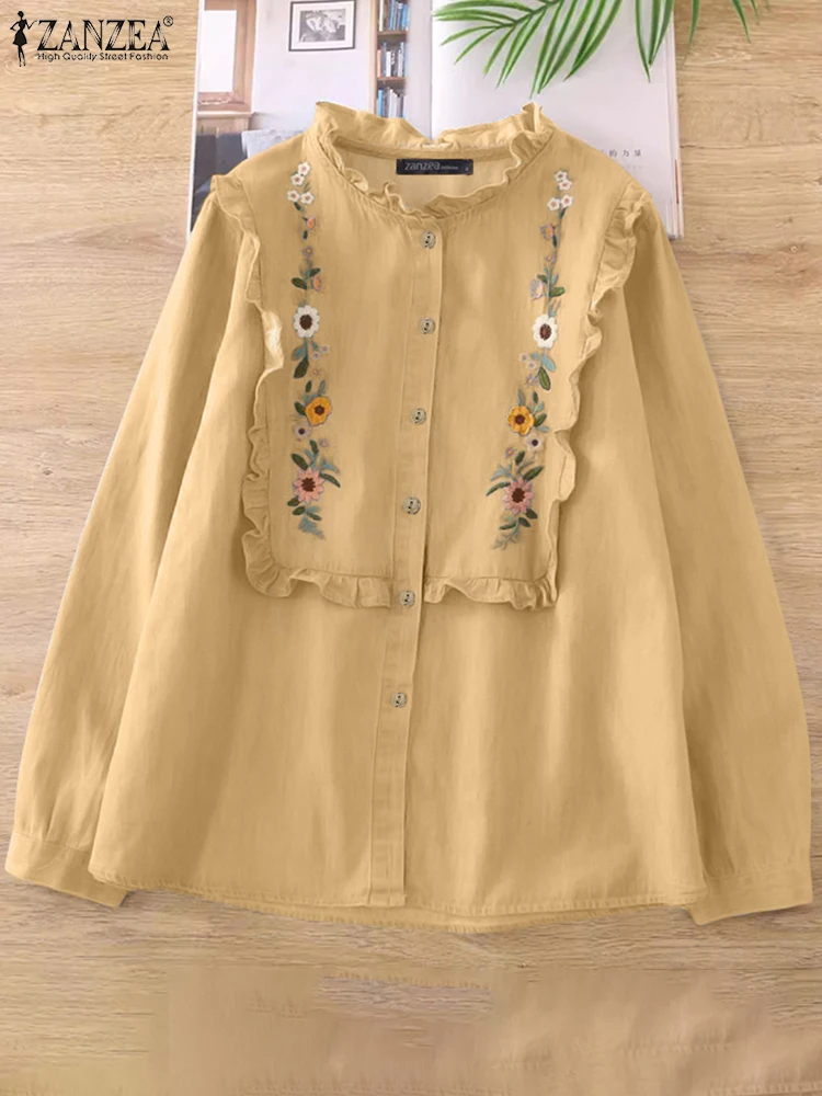 Camicie eleganti primaverili ZANZEA Donna Autunno Manica lunga Camicetta con ricamo floreale O Collo Bottoni Blusas Elegante balza Top da lavoro